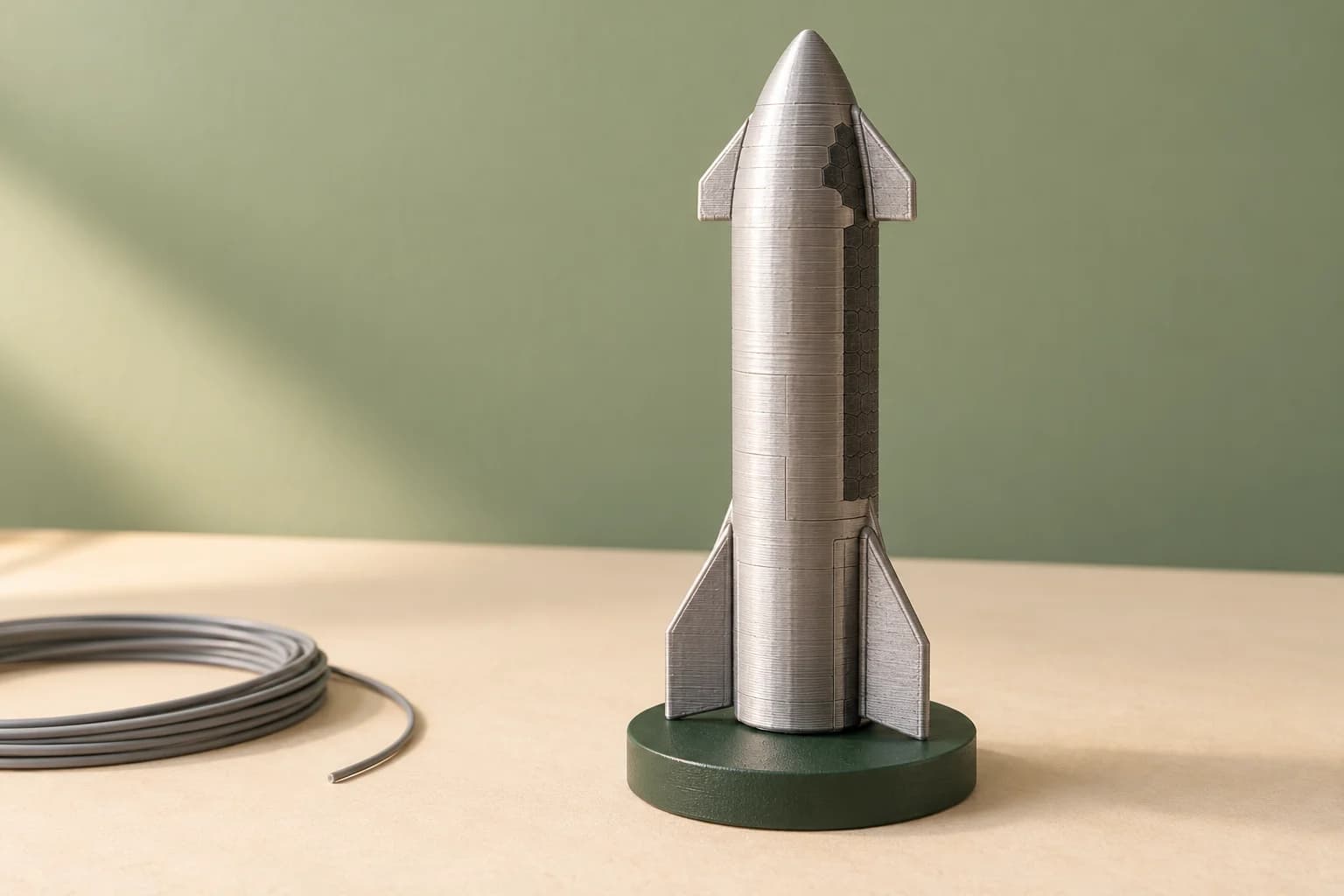 AI concept of a silver 3D-printed starship miniature with broad fins and visible print layers on a desktop